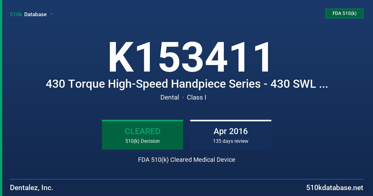 K153411 430 Torque High-Speed Handpiece Series - 430 SWL Torque High Speed Handpiece, 430 SW Torque High Speed Handpiece FDA 510(k) Cleared Medical Device