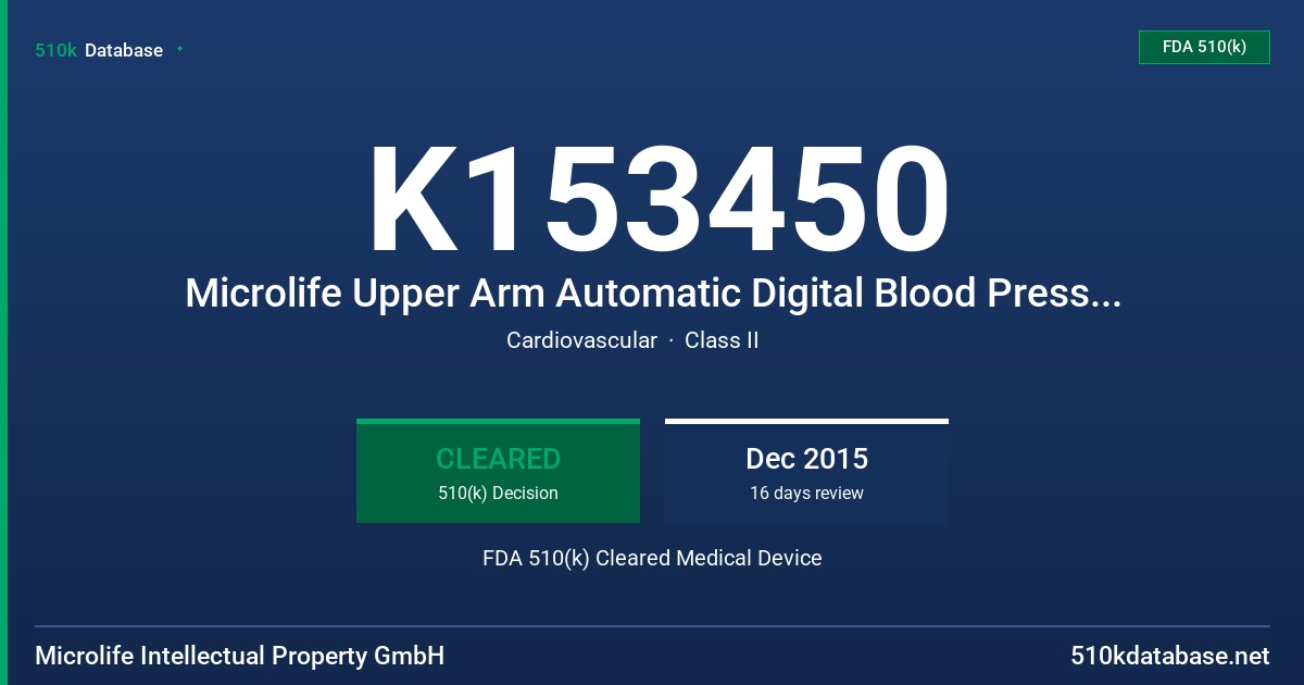 K153450 Microlife Upper Arm Automatic Digital Blood Pressure Monitor FDA 510(k) Cleared Medical Device
