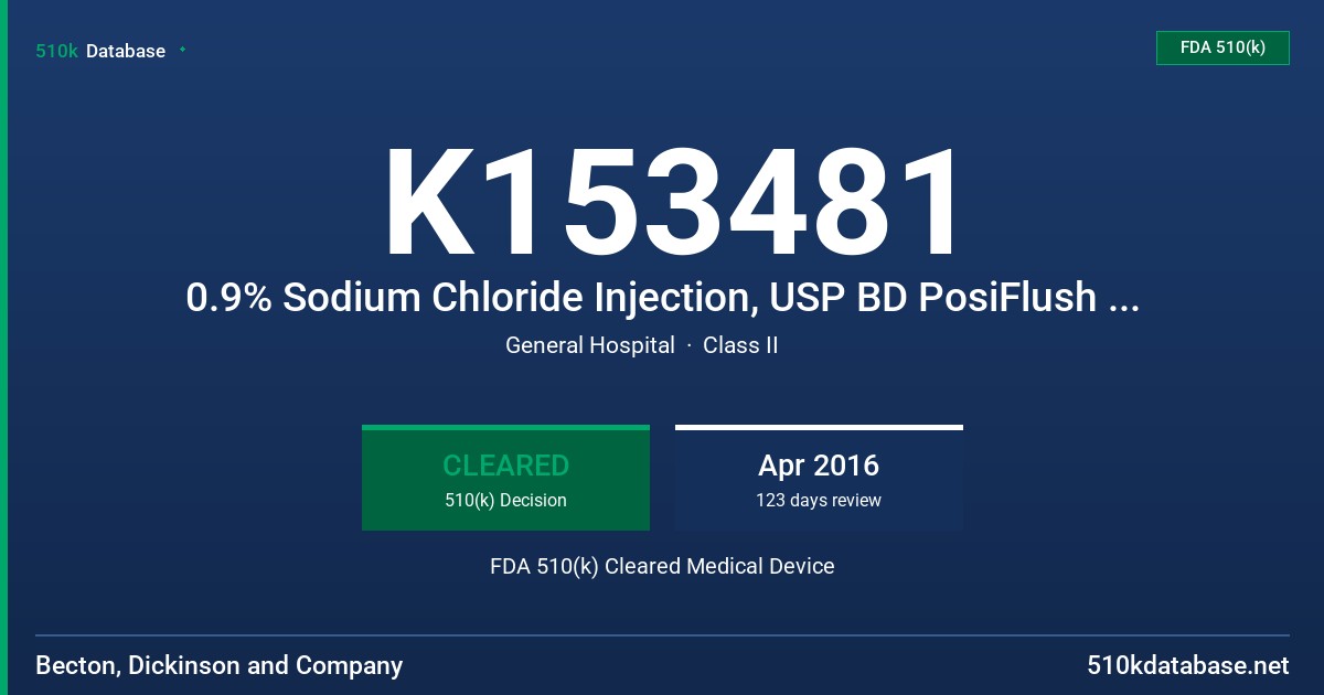 K153481 0.9% Sodium Chloride Injection, USP BD PosiFlush SF Syringe FDA 510(k) Cleared Medical Device