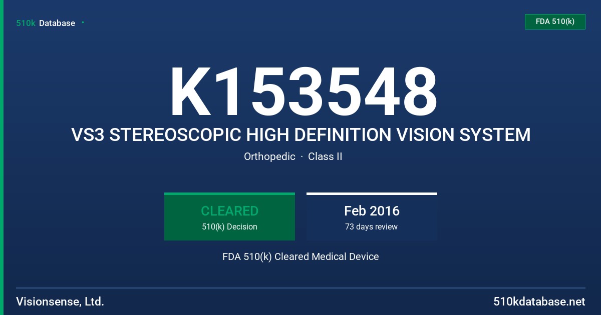 K153548 VS3 STEREOSCOPIC HIGH DEFINITION VISION SYSTEM FDA 510(k) Cleared Medical Device