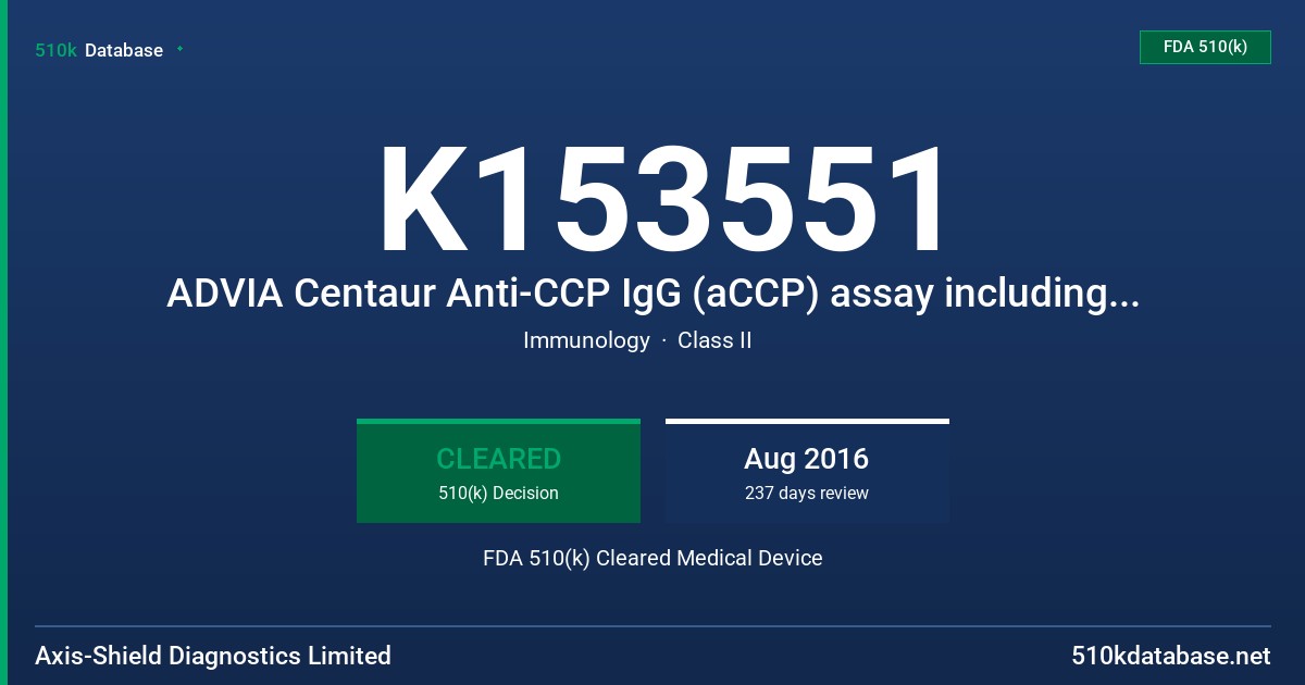 K153551 ADVIA Centaur Anti-CCP IgG (aCCP) assay including Reagents and Calibrators, Quality Controls and Master Curve Materials. FDA 510(k) Cleared Medical Device
