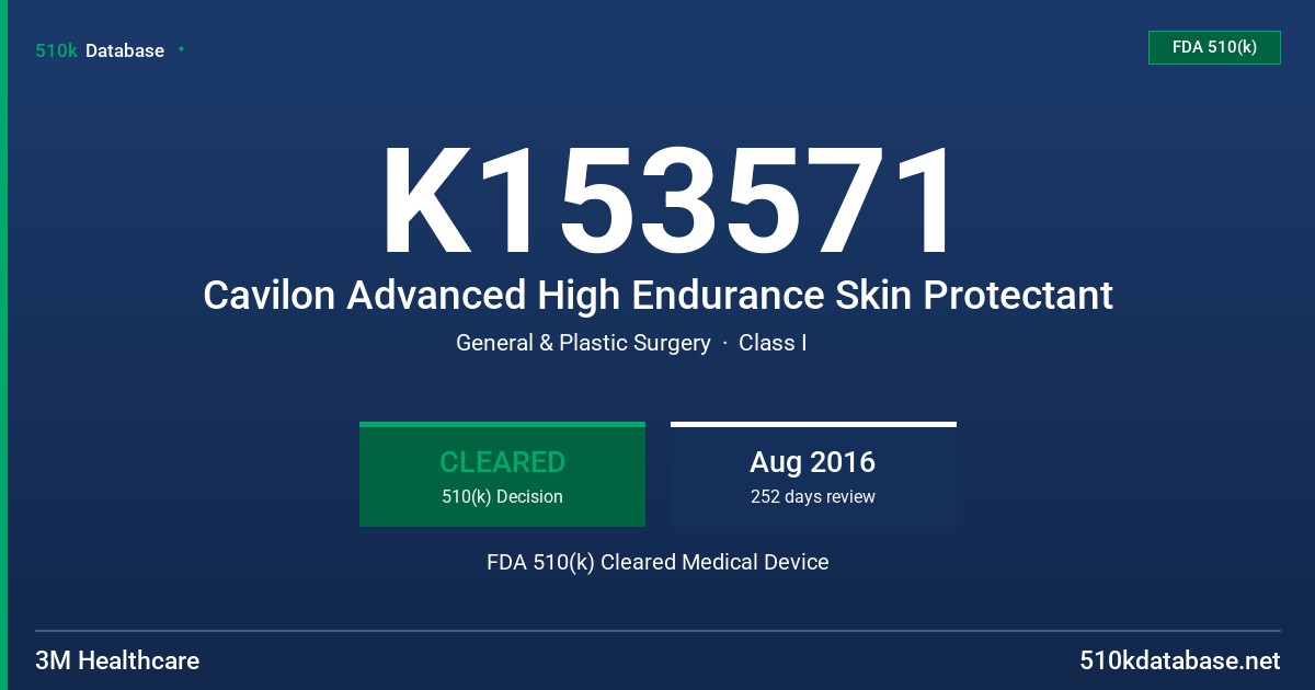K153571 Cavilon Advanced High Endurance Skin Protectant FDA 510(k) Cleared Medical Device