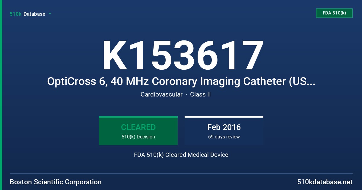 K153617 OptiCross 6, 40 MHz Coronary Imaging Catheter (US Distribution), OptiCross 6, 40 MHz Coronary Imaging Catheter (EU Distribution), OptiCross 6, 40 MHz Coronary Imaging Catheter (Intercontinental Distribution) FDA 510(k) Cleared Medical Device