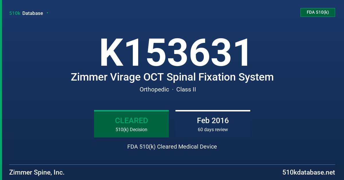 K153631 Zimmer Virage OCT Spinal Fixation System FDA 510(k) Cleared Medical Device