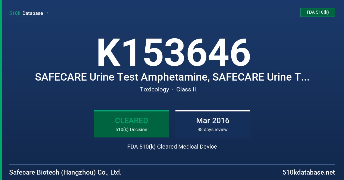 K153646 SAFECARE Urine Test Amphetamine, SAFECARE Urine Test Cocaine, SAFECARE Urine Test Marijuana FDA 510(k) Cleared Medical Device
