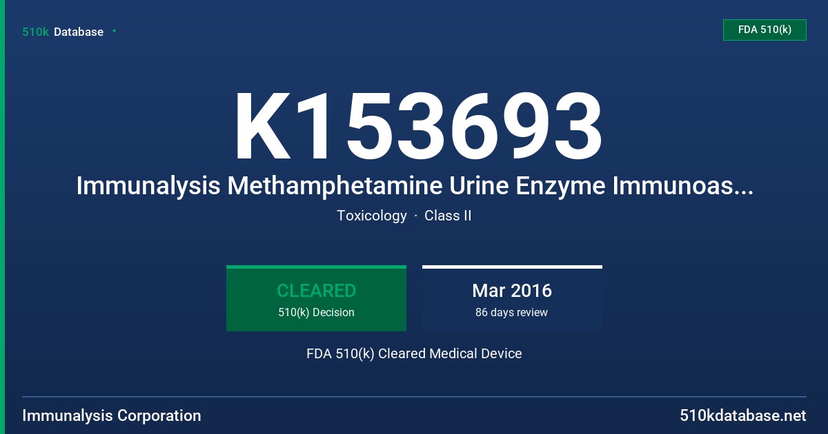 K153693 Immunalysis Methamphetamine Urine Enzyme Immunoassay, Immunalysis Multi-Drug Calibrators FDA 510(k) Cleared Medical Device