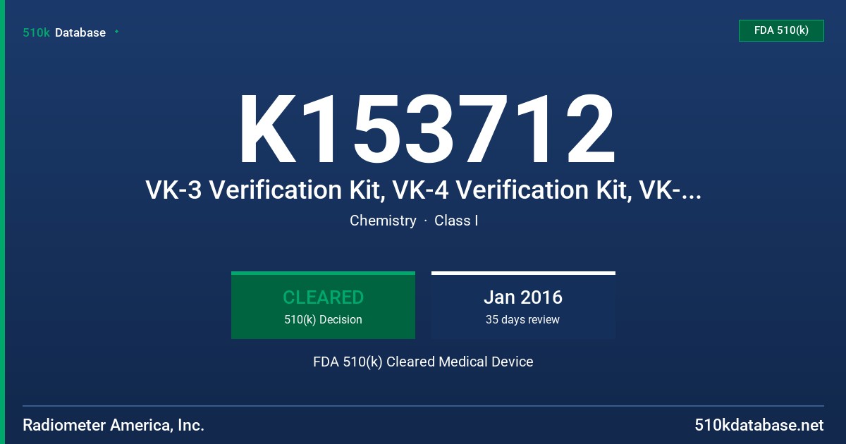K153712 VK-3 Verification Kit, VK-4 Verification Kit, VK-R5 Verification Kit, VK-R7 Verification Kit, VK-Crea Verification Kit FDA 510(k) Cleared Medical Device