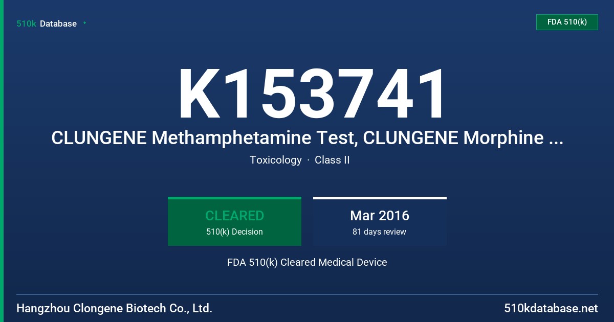 K153741 CLUNGENE Methamphetamine Test, CLUNGENE Morphine Test, CLUNGENE Marijuana Test FDA 510(k) Cleared Medical Device