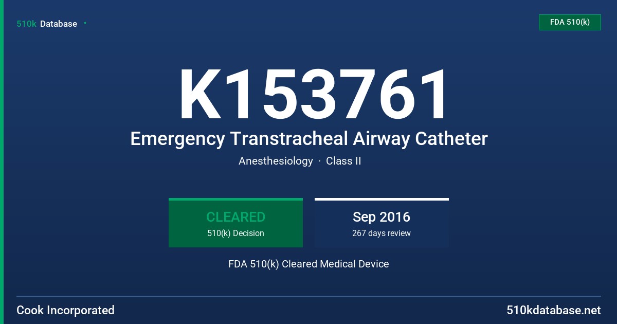 K153761 Emergency Transtracheal Airway Catheter FDA 510(k) Cleared Medical Device
