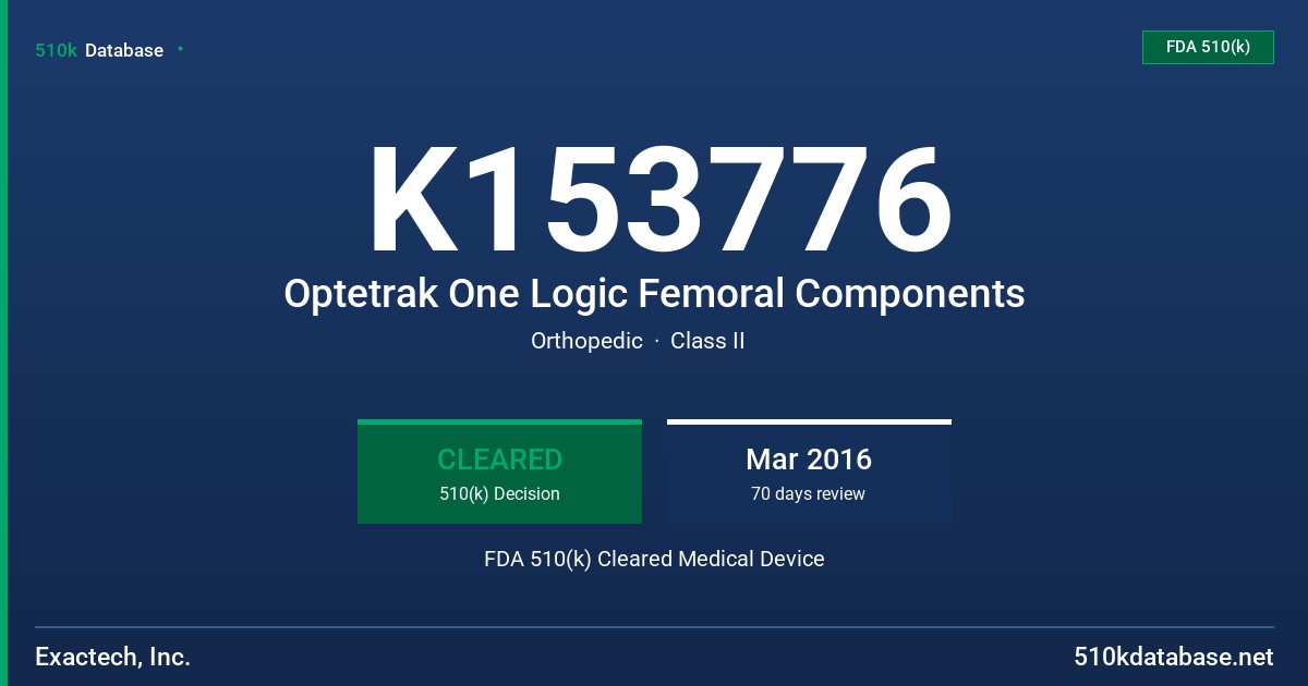 K153776 Optetrak One Logic Femoral Components FDA 510(k) Cleared Medical Device