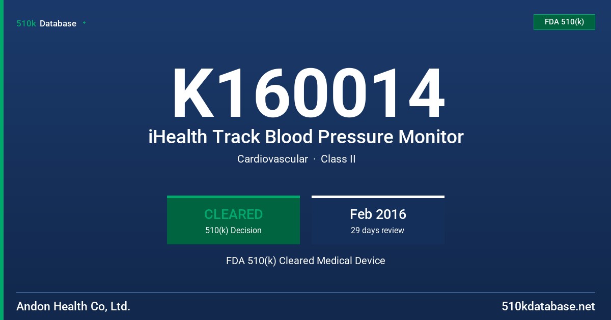 K160014 iHealth Track Blood Pressure Monitor FDA 510(k) Cleared Medical Device
