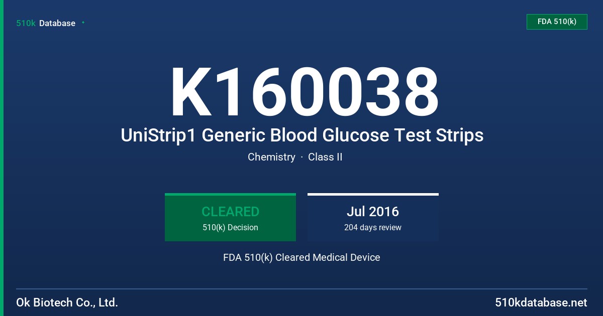 K160038 UniStrip1 Generic Blood Glucose Test Strips FDA 510(k) Cleared Medical Device