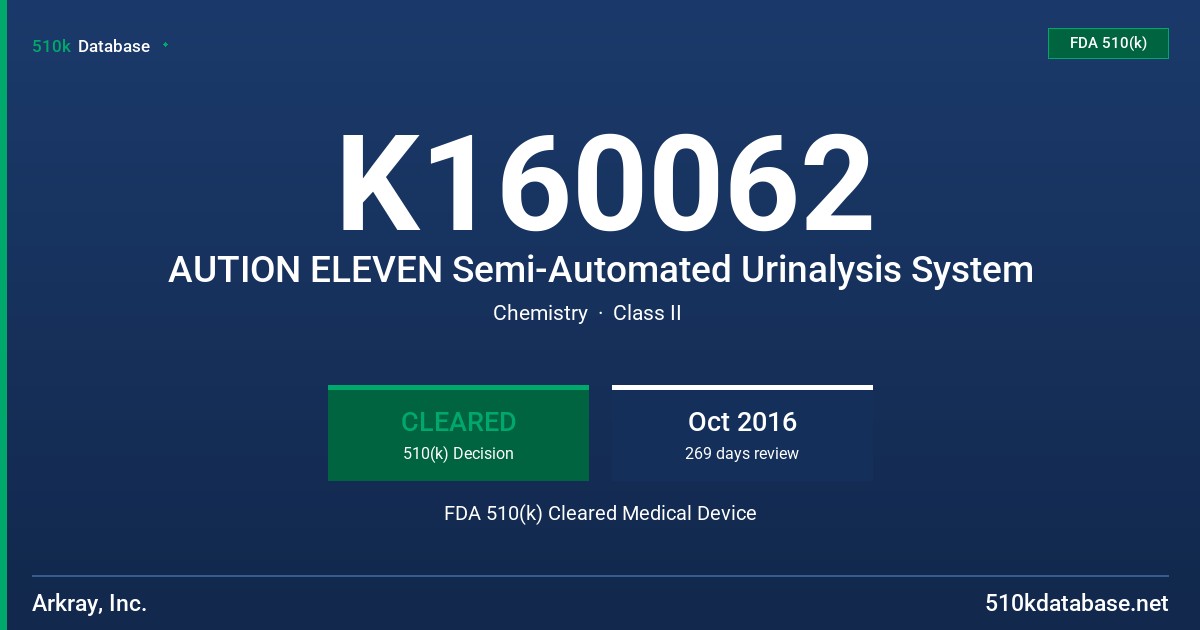 K160062 AUTION ELEVEN Semi-Automated Urinalysis System FDA 510(k) Cleared Medical Device
