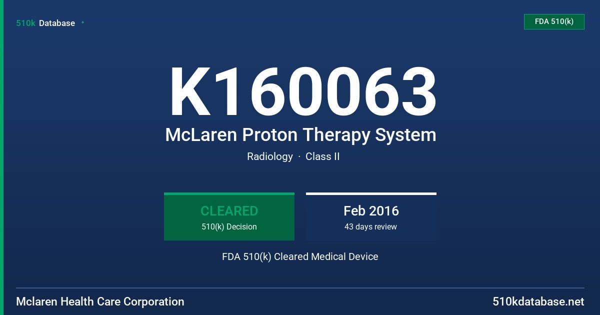 K160063 McLaren Proton Therapy System FDA 510(k) Cleared Medical Device