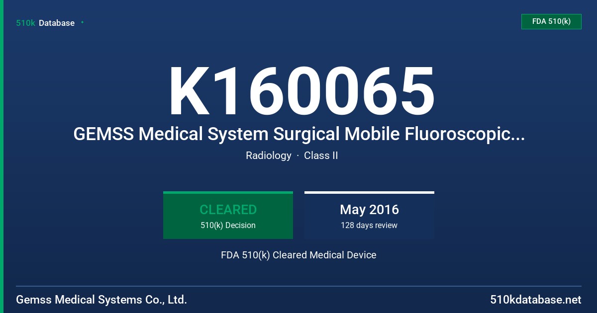 K160065 GEMSS Medical System Surgical Mobile Fluoroscopic X-ray System FDA 510(k) Cleared Medical Device