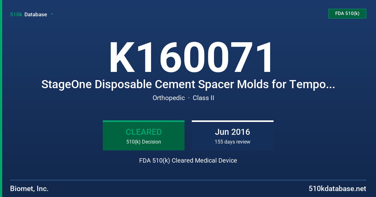 K160071 StageOne Disposable Cement Spacer Molds for Temporary Hemi-Shoulder Prosthesis FDA 510(k) Cleared Medical Device
