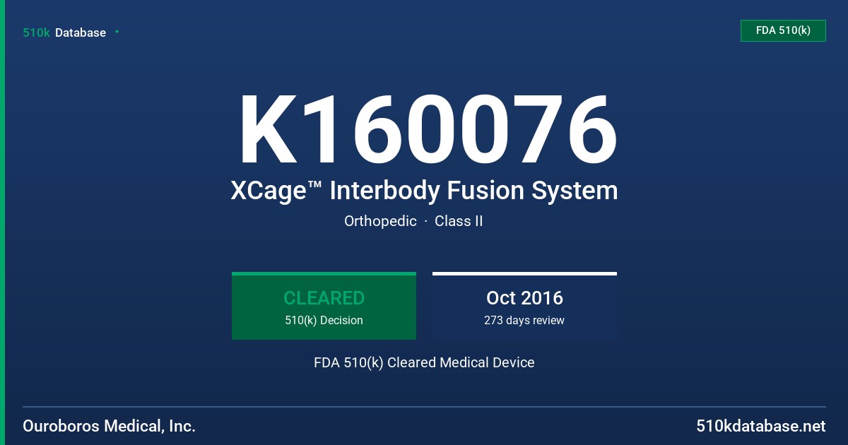 K160076 XCage™ Interbody Fusion System FDA 510(k) Cleared Medical Device