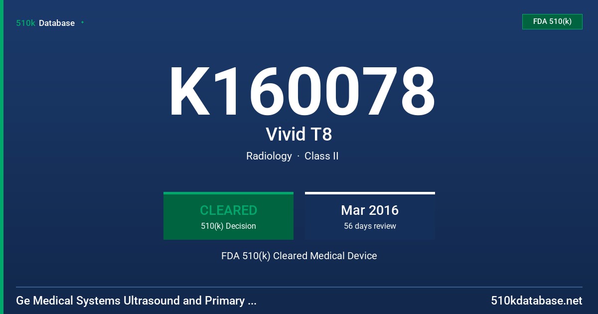 K160078 Vivid T8 FDA 510(k) Cleared Medical Device