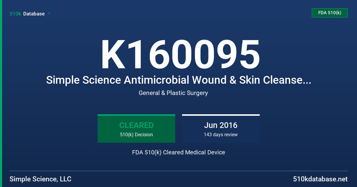 K160095 Simple Science Antimicrobial Wound & Skin Cleanser 2oz, Simple Science Antimicrobial Wound & Skin Cleanser 8oz, Simple Science Antimicrobial Wound & Skin Cleanser 16oz, Simple Science Antimicrobial Wound & Skin Cleanser 23oz FDA 510(k) Cleared Medical Device