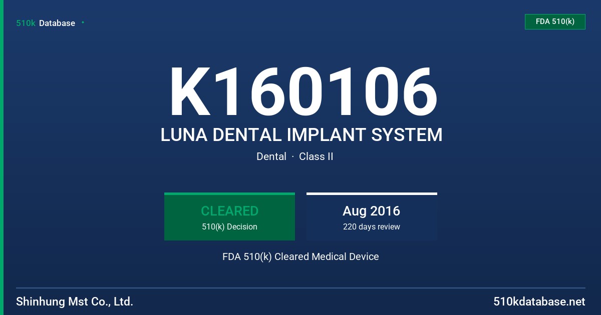 K160106 LUNA DENTAL IMPLANT SYSTEM FDA 510(k) Cleared Medical Device