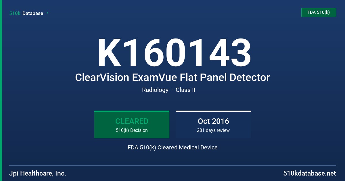 K160143 ClearVision ExamVue Flat Panel Detector FDA 510(k) Cleared Medical Device