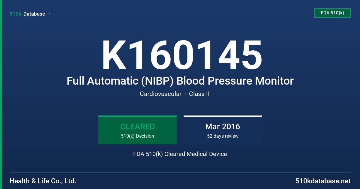 K160145 Full Automatic (NIBP) Blood Pressure Monitor FDA 510(k) Cleared Medical Device