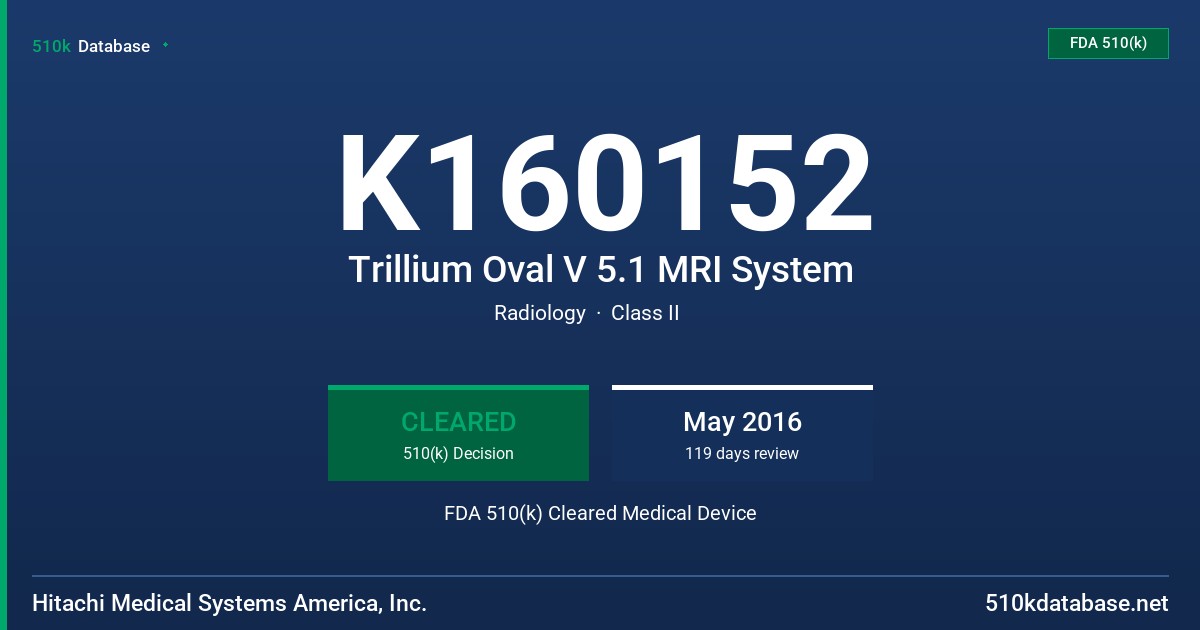 K160152 Trillium Oval V 5.1 MRI System FDA 510(k) Cleared Medical Device