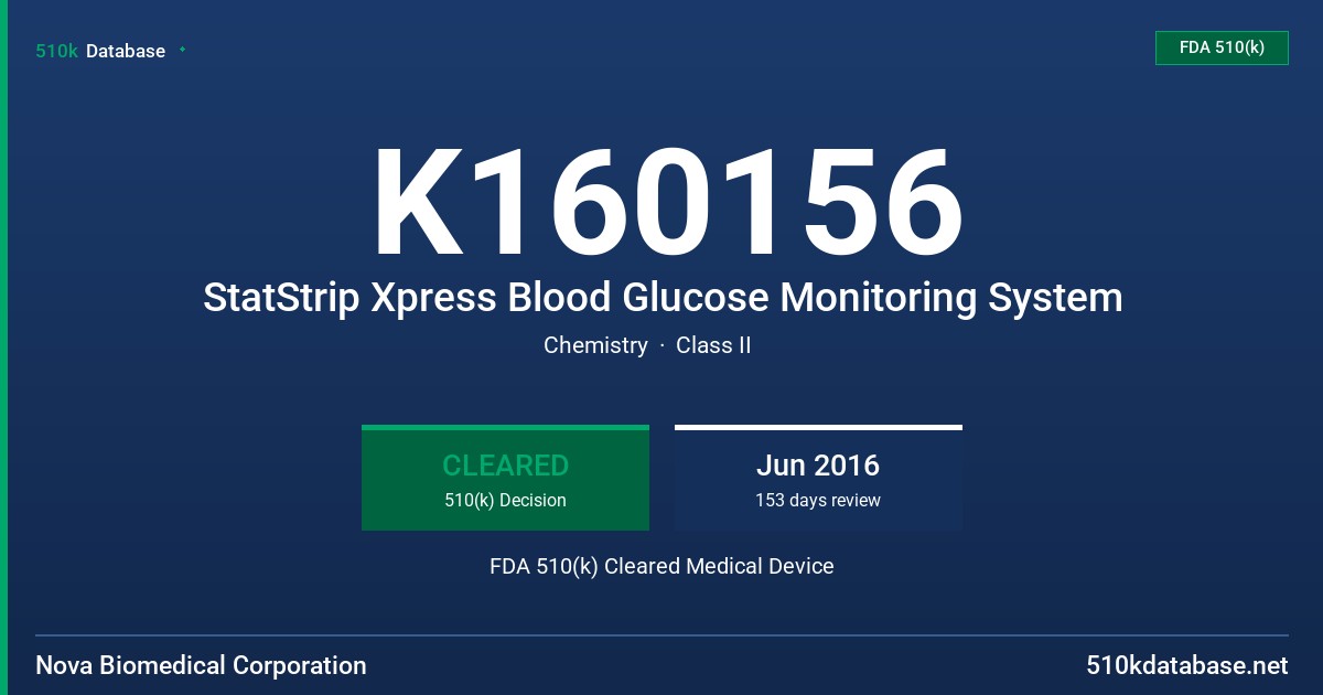 K160156 StatStrip Xpress Blood Glucose Monitoring System FDA 510(k) Cleared Medical Device