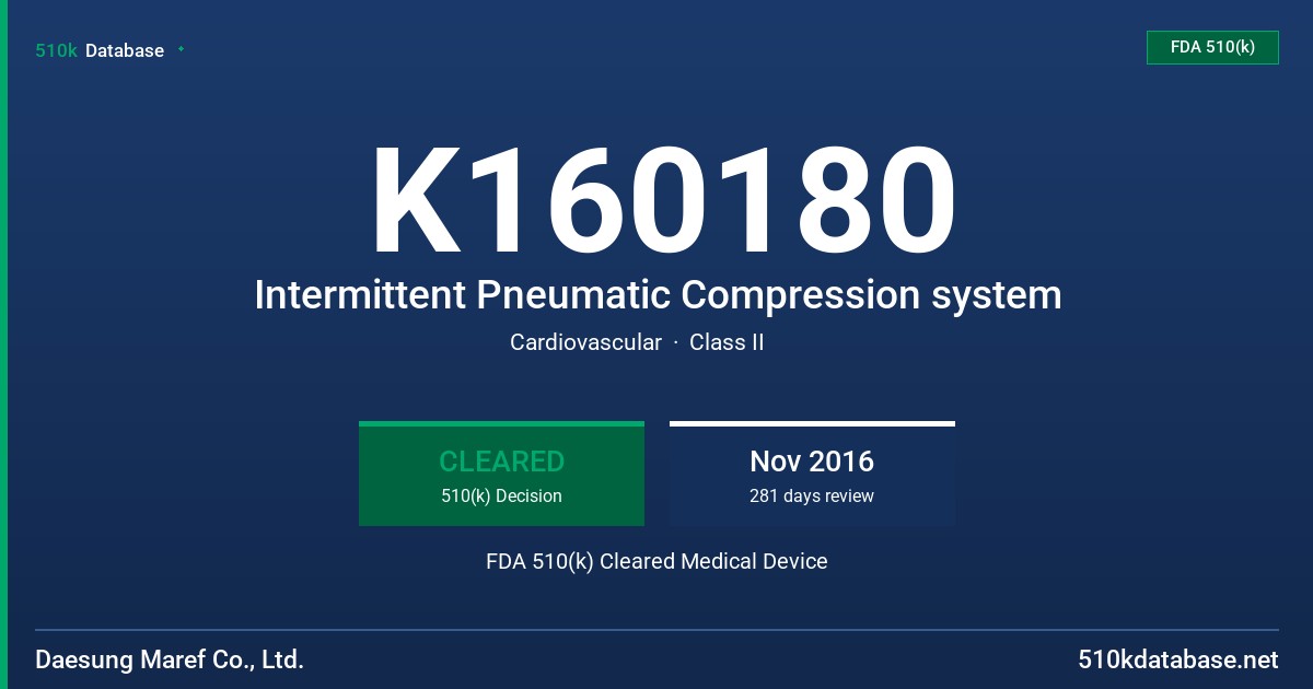 K160180 Intermittent Pneumatic Compression system FDA 510(k) Cleared Medical Device