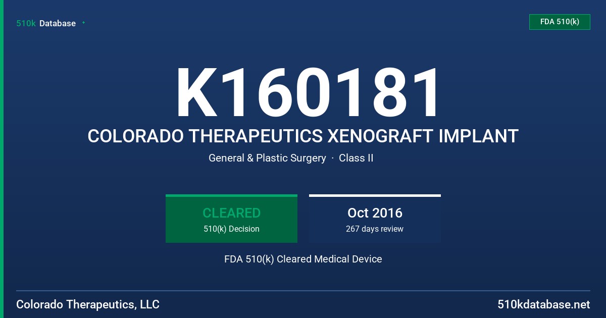 K160181 COLORADO THERAPEUTICS XENOGRAFT IMPLANT FDA 510(k) Cleared Medical Device