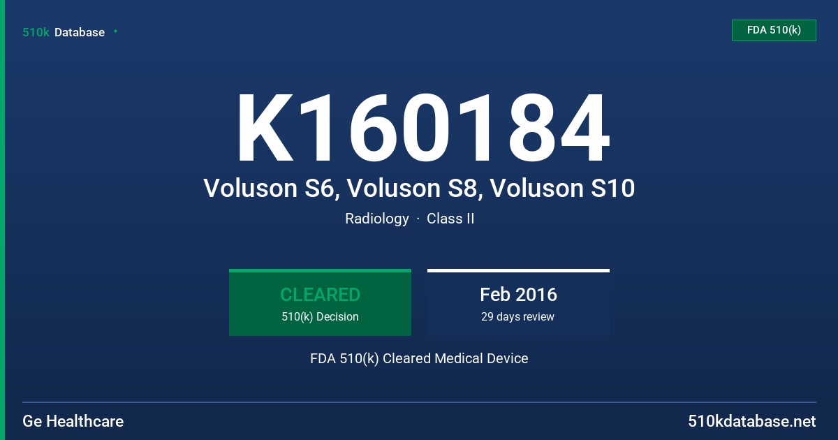 K160184 Voluson S6, Voluson S8, Voluson S10 FDA 510(k) Cleared Medical Device