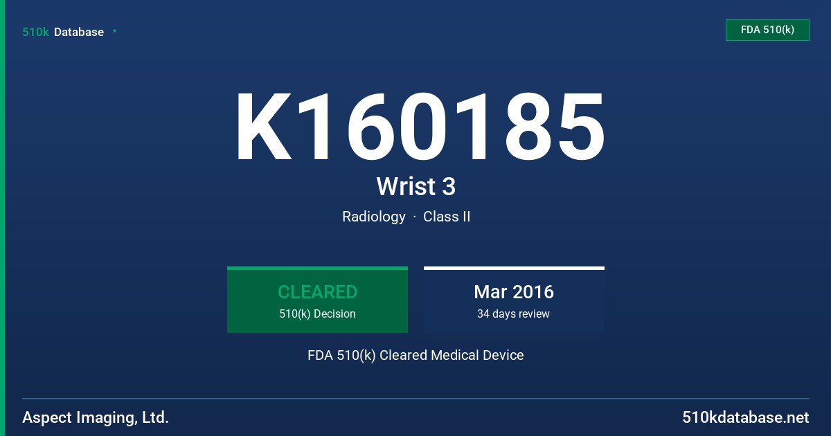 K160185 Wrist 3 FDA 510(k) Cleared Medical Device
