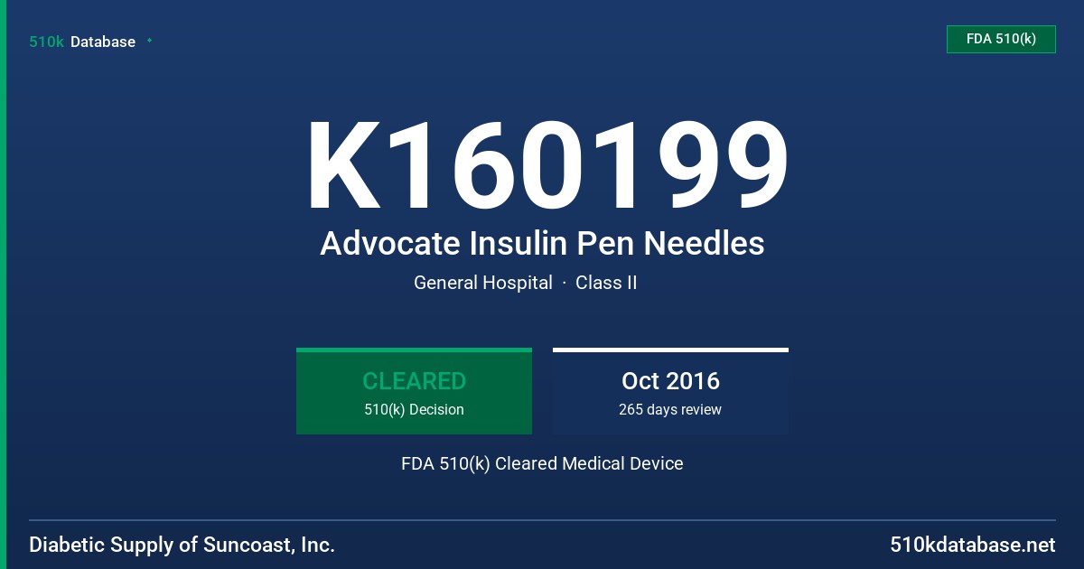 K160199 Advocate Insulin Pen Needles FDA 510(k) Cleared Medical Device