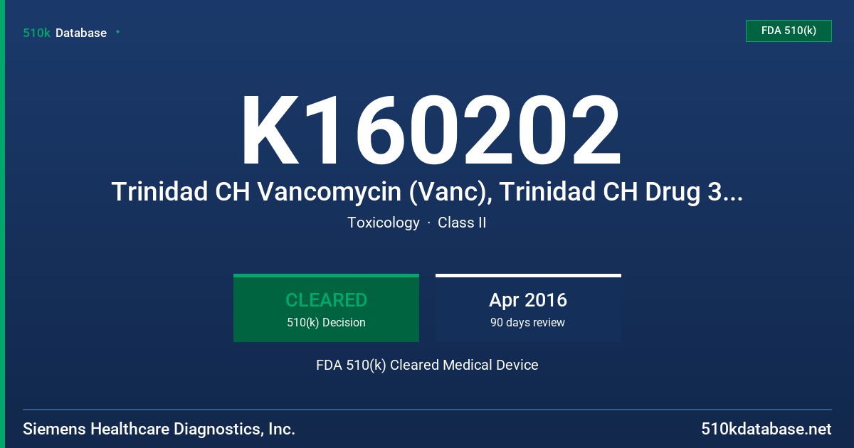 K160202 Trinidad CH Vancomycin (Vanc), Trinidad CH Drug 3 Calibrator (DRUG3 CAL) FDA 510(k) Cleared Medical Device