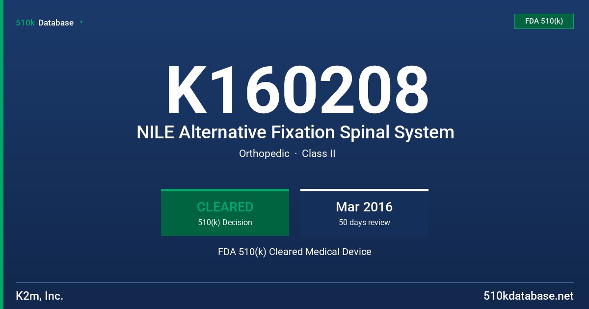 K160208 NILE Alternative Fixation Spinal System FDA 510(k) Cleared Medical Device