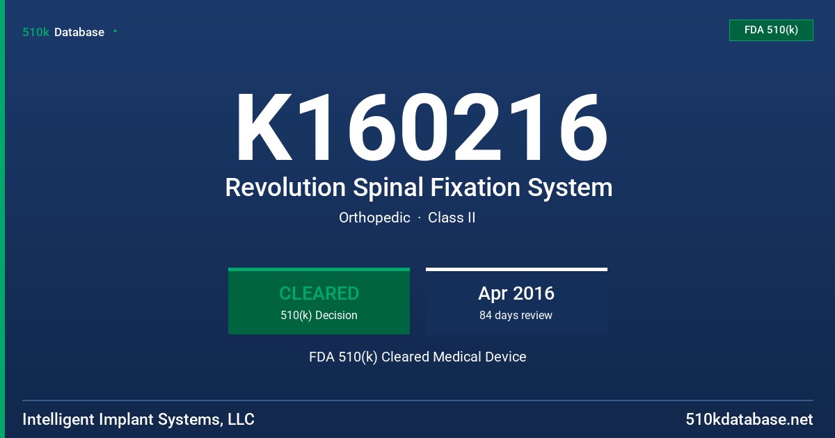 K160216 Revolution Spinal Fixation System FDA 510(k) Cleared Medical Device