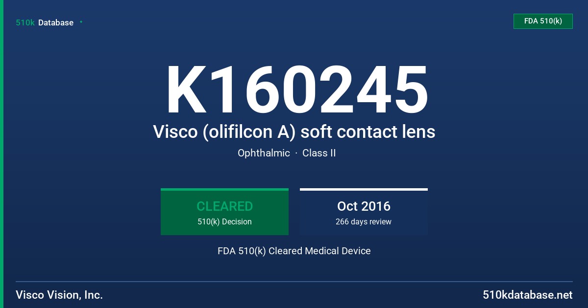 K160245 Visco (olifilcon A) soft contact lens FDA 510(k) Cleared Medical Device