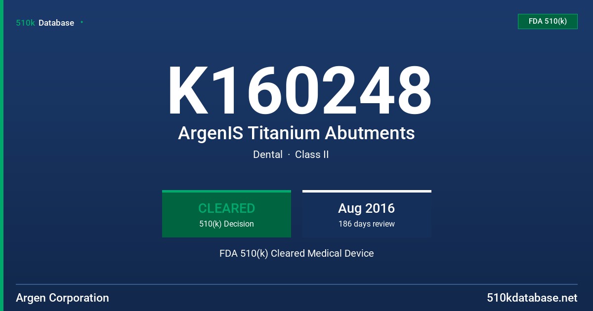 K160248 ArgenIS Titanium Abutments FDA 510(k) Cleared Medical Device
