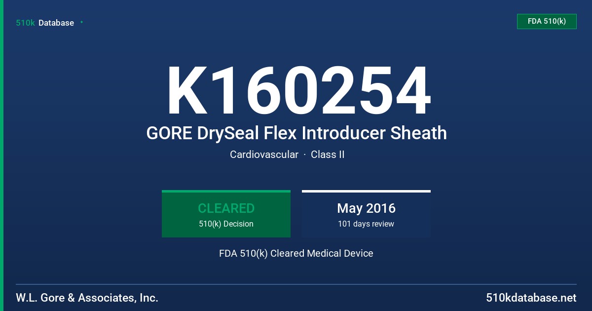 K160254 GORE DrySeal Flex Introducer Sheath FDA 510(k) Cleared Medical Device