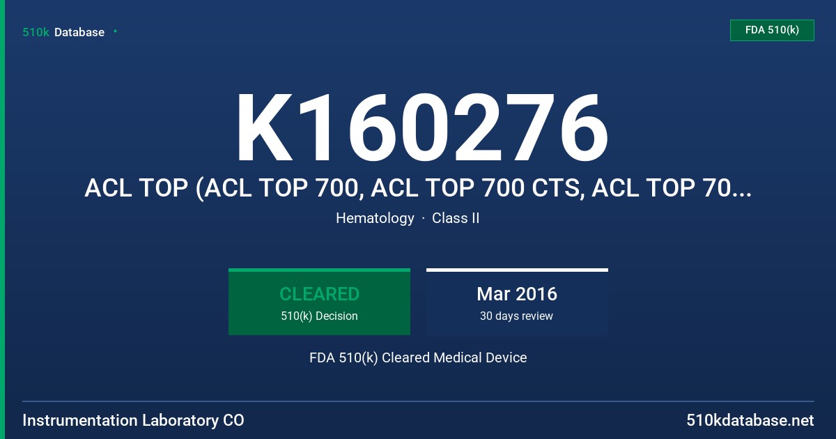 K160276 ACL TOP (ACL TOP 700, ACL TOP 700 CTS, ACL TOP 700 LAS, ACL TOP 500 CTS, ACL TOP 300 CTS) FDA 510(k) Cleared Medical Device