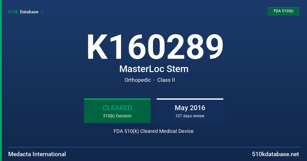 K160289 MasterLoc Stem FDA 510(k) Cleared Medical Device