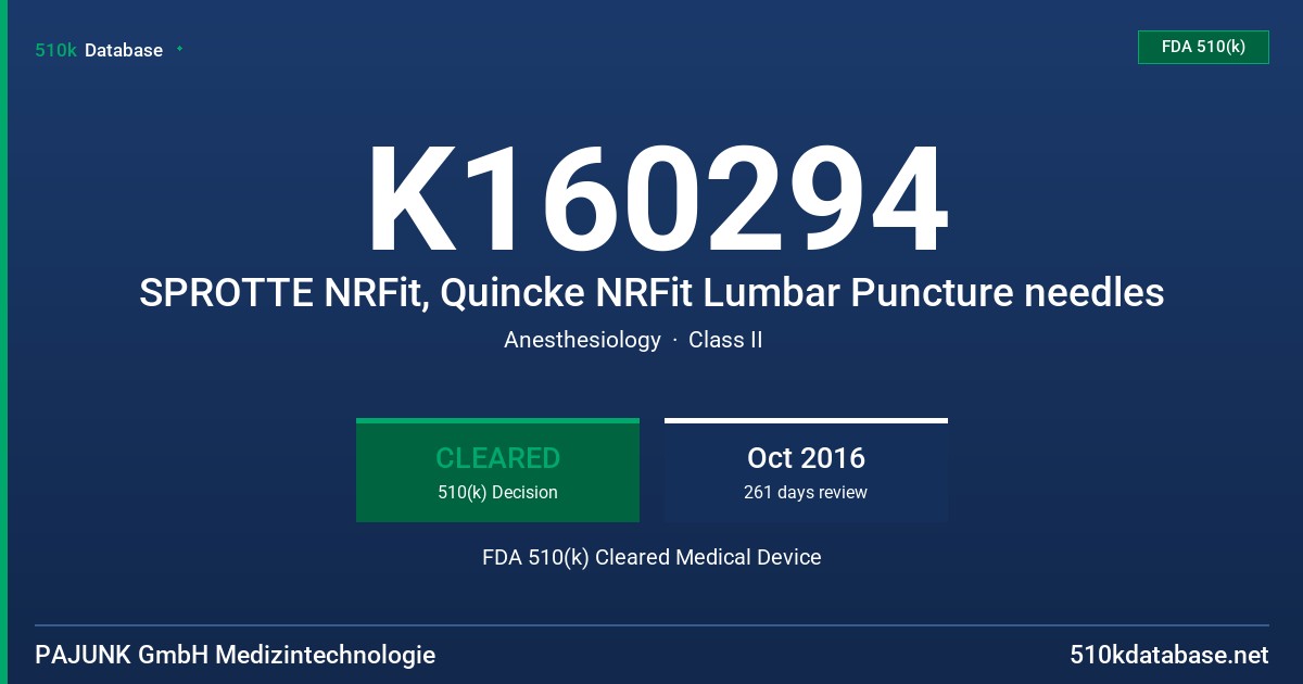 K160294 SPROTTE NRFit, Quincke NRFit Lumbar Puncture needles FDA 510(k) Cleared Medical Device