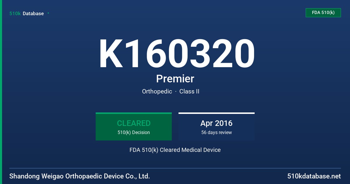 K160320 Premier FDA 510(k) Cleared Medical Device