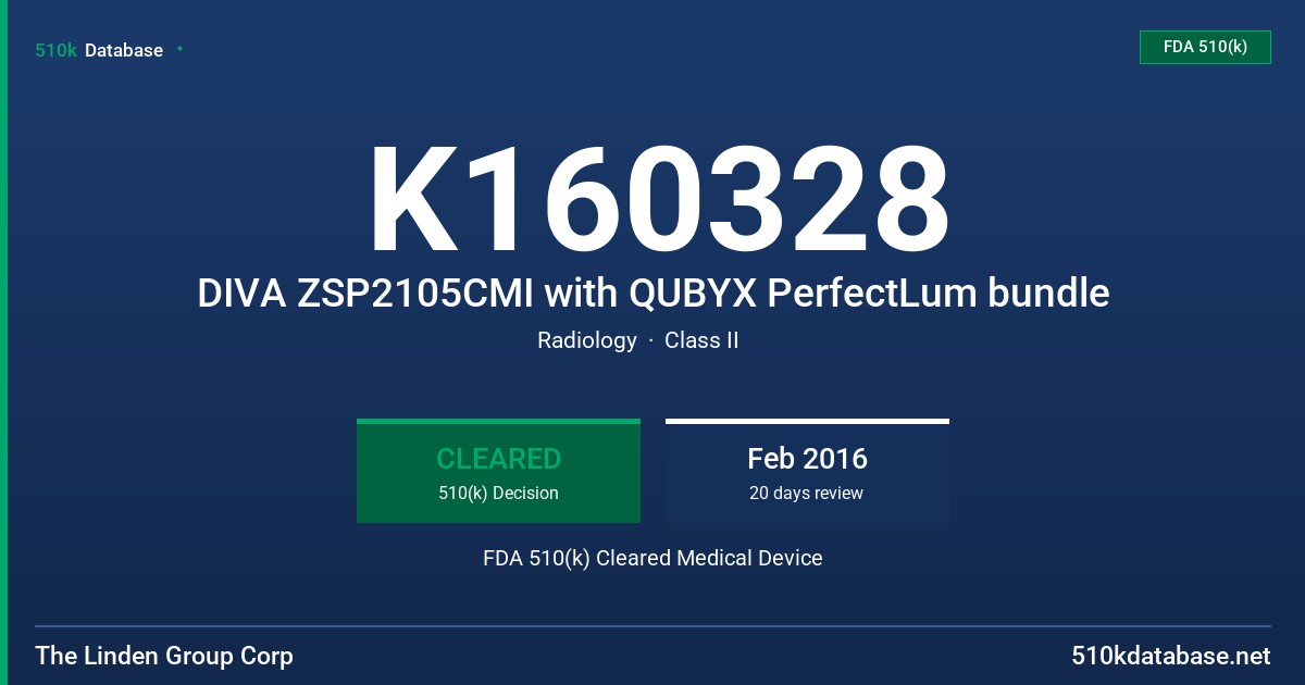 K160328 DIVA ZSP2105CMI with QUBYX PerfectLum bundle FDA 510(k) Cleared Medical Device