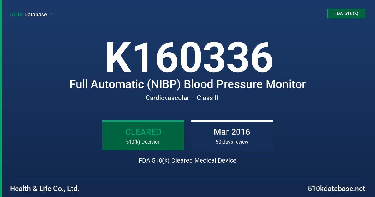 K160336 Full Automatic (NIBP) Blood Pressure Monitor FDA 510(k) Cleared Medical Device