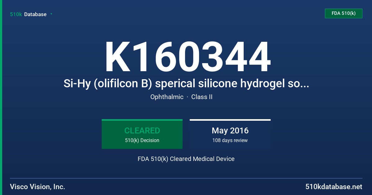 K160344 Si-Hy (olifilcon B) sperical silicone hydrogel soft contact lens, Si-Hy (olifilcon B) multifocal silicone hydrogel soft contact lenses, Si-Hy (olifilcon B) toric silicone hydrogel soft contact lens2/16/2016 FDA 510(k) Cleared Medical Device