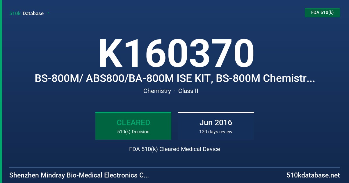 K160370 BS-800M/ ABS800/BA-800M ISE KIT, BS-800M Chemistry Analyzer, BA-800M Chemistry Analyzer, ABS800 Chemistry Analyzer FDA 510(k) Cleared Medical Device