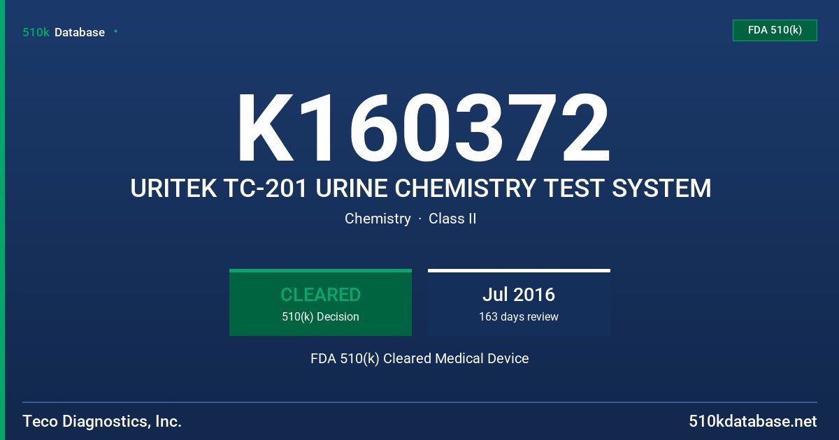 K160372 URITEK TC-201 URINE CHEMISTRY TEST SYSTEM FDA 510(k) Cleared Medical Device