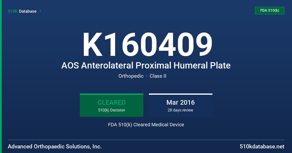 K160409 AOS Anterolateral Proximal Humeral Plate FDA 510(k) Cleared Medical Device