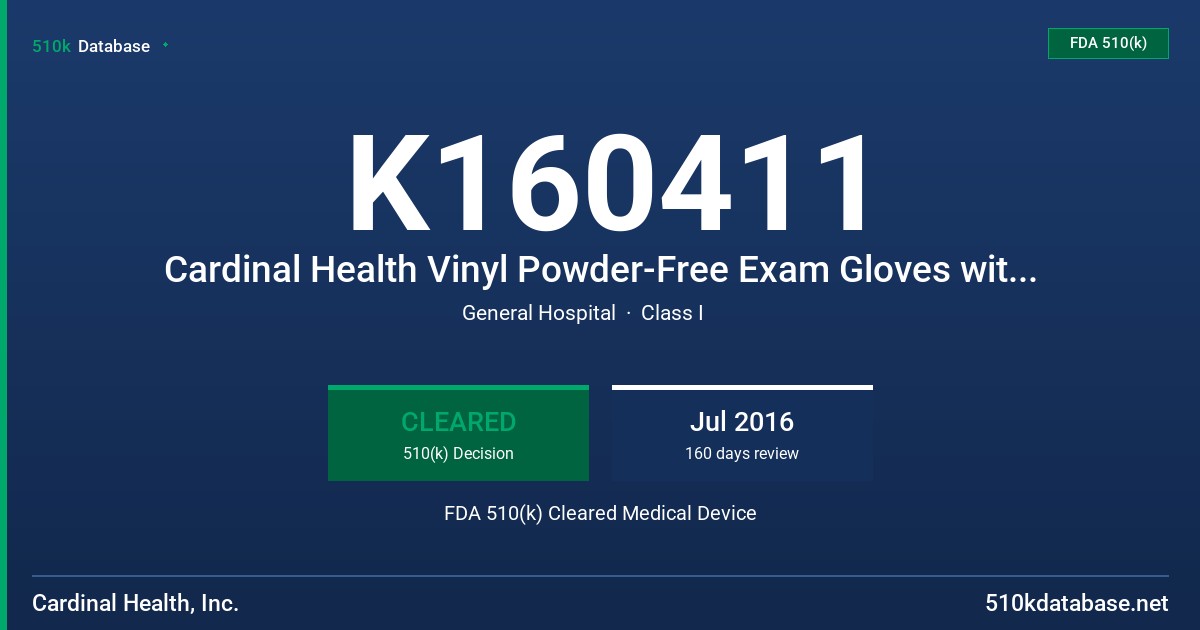 K160411 Cardinal Health Vinyl Powder-Free Exam Gloves with Neu-thera Coating FDA 510(k) Cleared Medical Device